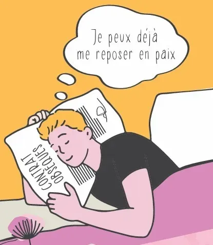 Illustration d'un homme dormant paisiblement dans son lit en serrant son contrat d'obsèques